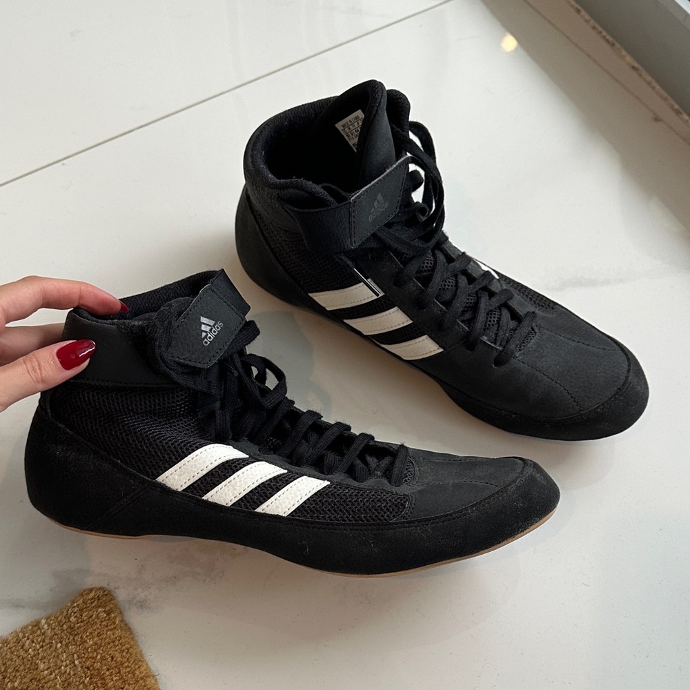 Adidas Black High-Top Wrestling Shoes with White Accents